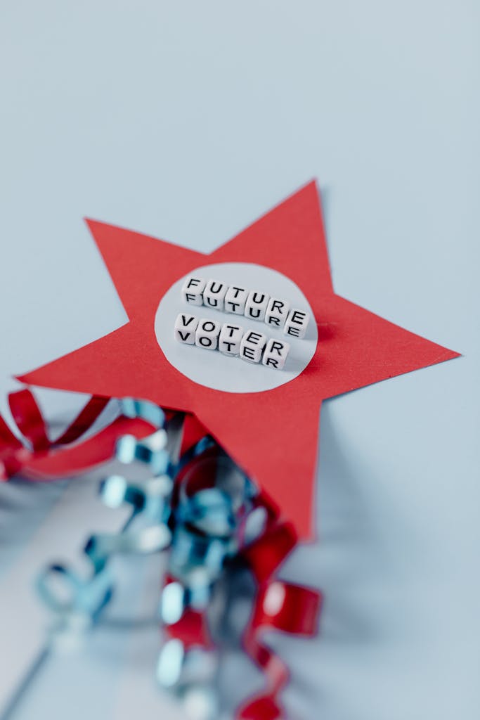 Abstract concept of future voting with dice on a red star symbol.