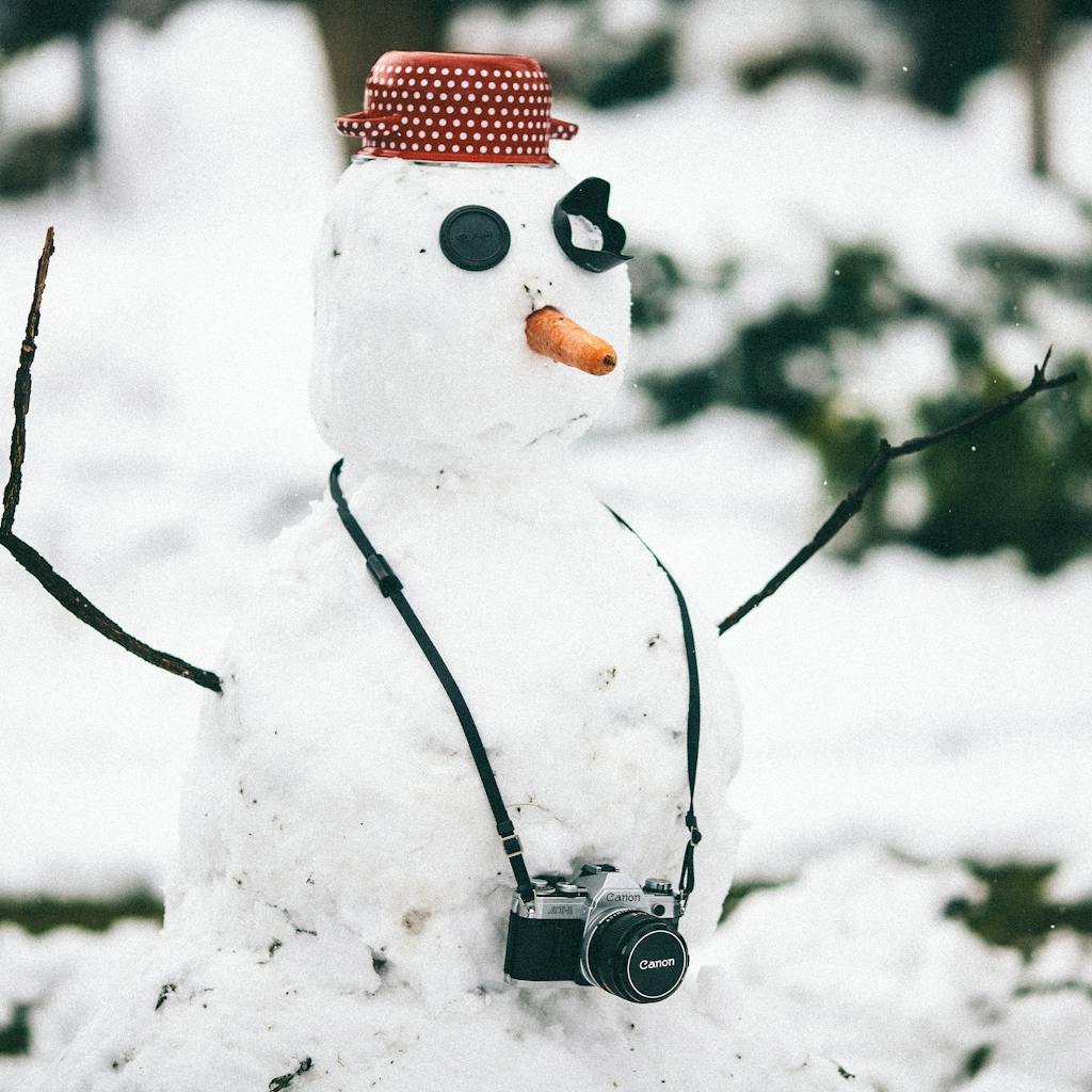 Fun snowman with a camera and hat in a snowy winter scene. Perfect for seasonal and holiday themes.
