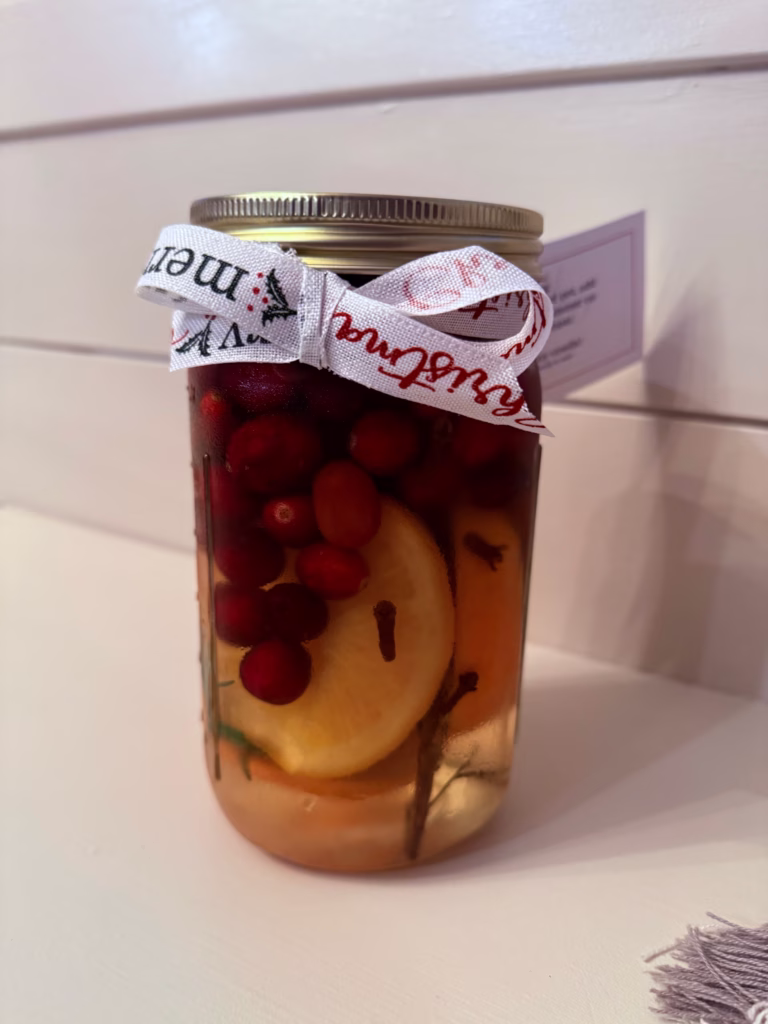 holiday simmer pot mason jar tied with ribbon